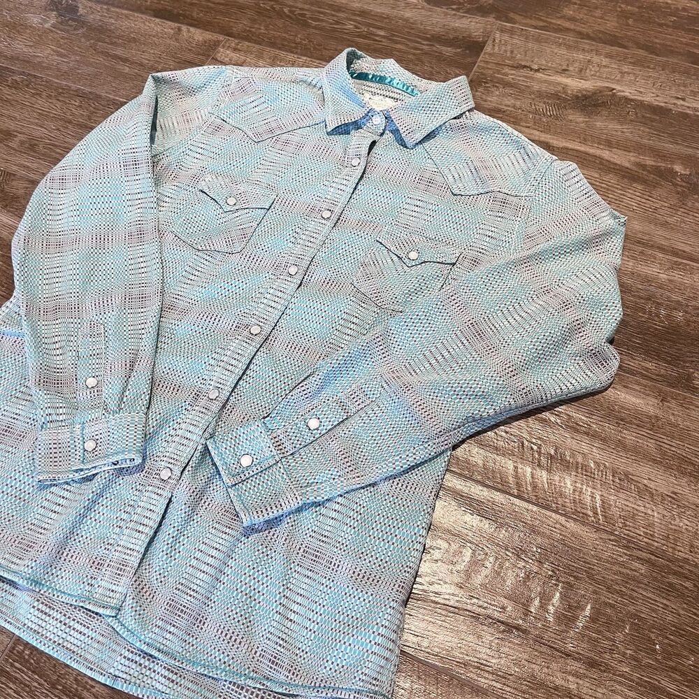 Rough Stock Panhandle Pearl Snap Shirt L Aqua Geometric Western 100% Cotton